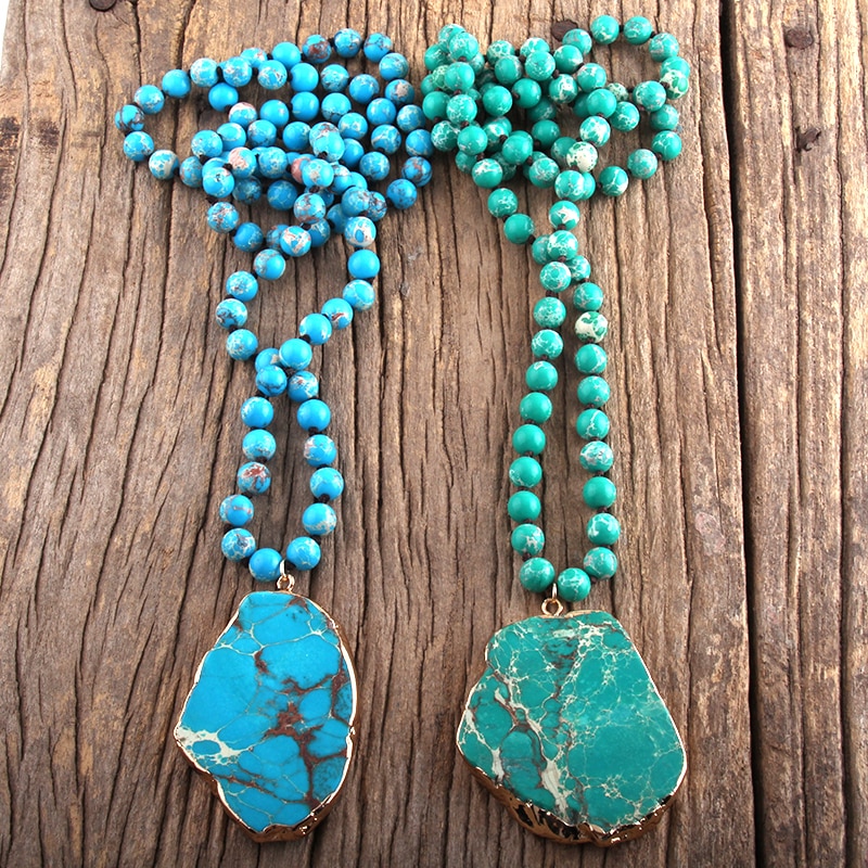 RH Boho Schmuck Blau Grün Stein Lange Verknotet Stein Anhänger Halsketten Frauen Halskette