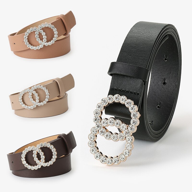 D &amp; T-Cinturón de para mujer, con dos círculos de diamante, hebilla decorativa, Material de cuero PU, cintura de estilo informal para mujer