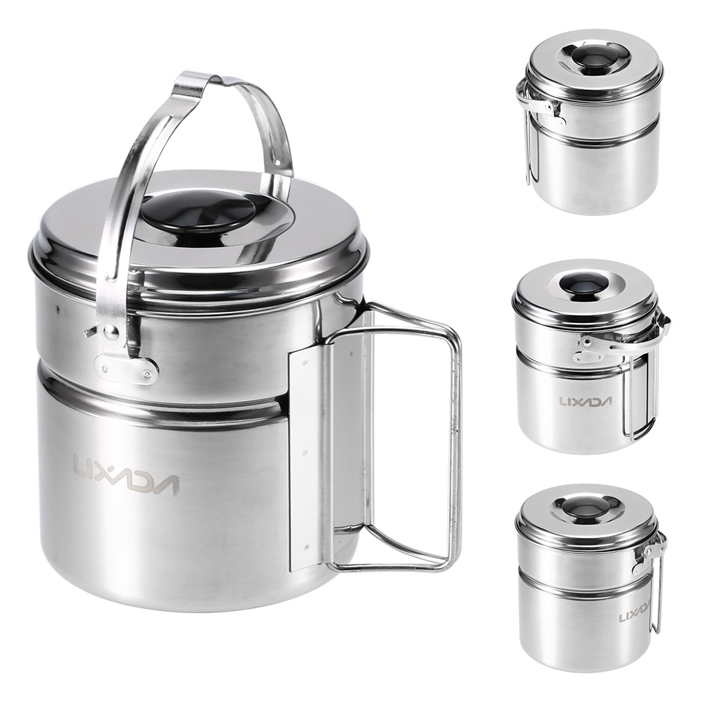 Lixada Outdoor Hiking Camping Cookware Set Stainless Steel Handle Camping Pot Cooking Tableware Picnic Set Pot Dinnerware
