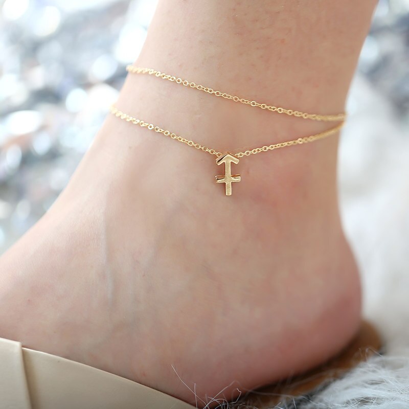 Trendy strandvoetenarmband sieraden van dubbellaags vergulde ketting met dierenriem enkelbandjes voor dames met bedels: Boogschutter