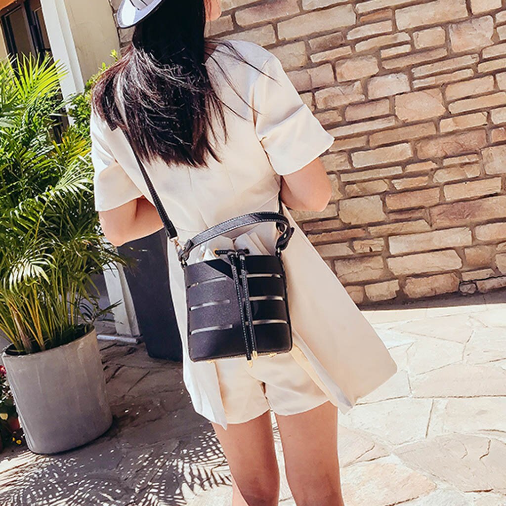 Aelicy Multi-layer Handbag Women's Hollowed Single Shoulder Bag Solid String Closure Softback Messenger Bags Bucket Pu: Black