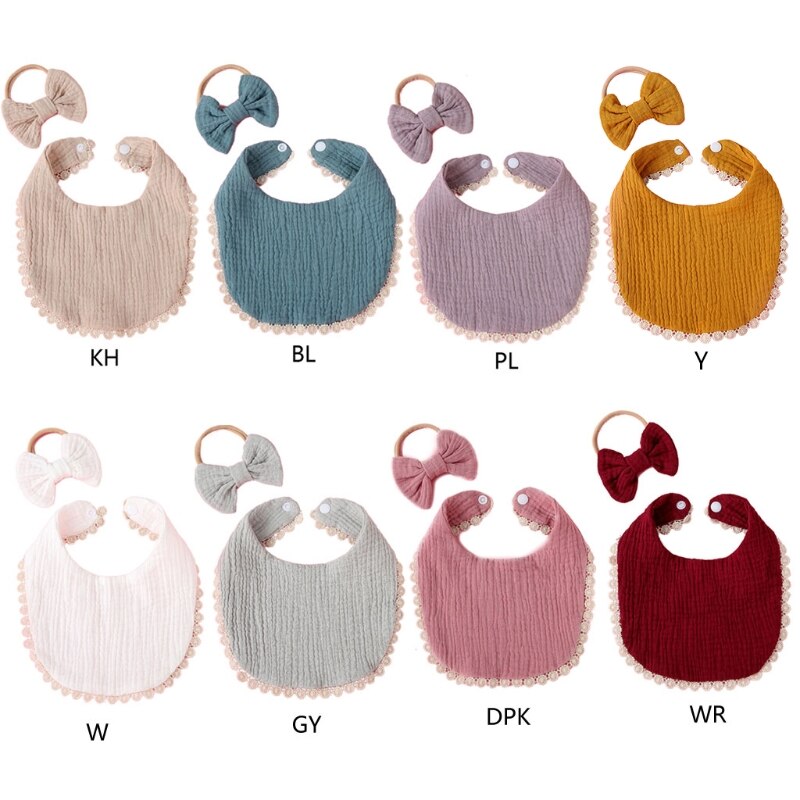 2 Pcs Baby Meisjes Elastische Boog Hoofdband Speeksel Handdoek Set Prinses Strik Haarband Bib Kit Burp Doek Hoofddeksels