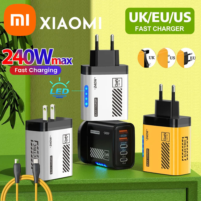 Xiaomi 240W Fast Charging Multi Port Charger 2usb+3 Type C 240W With Light Phone Gan Charging Head For Iphone 16 15pro Adapter