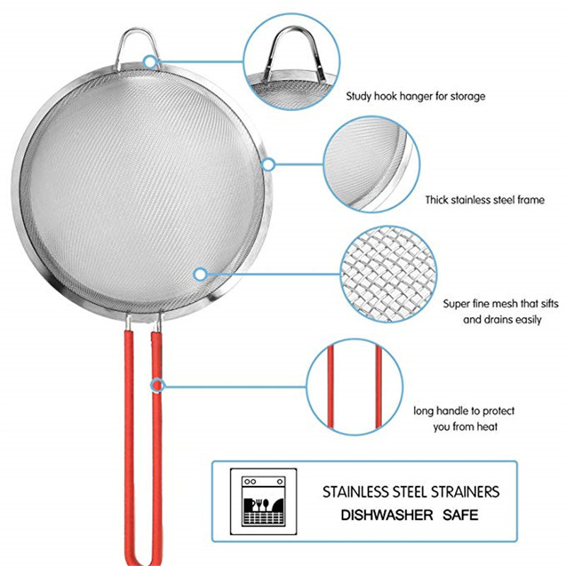 8cm 10cm 20cm rustfrie stålsiler mesh kjøkkensil dørslagsil med langt silikonhåndtak til kjøkken