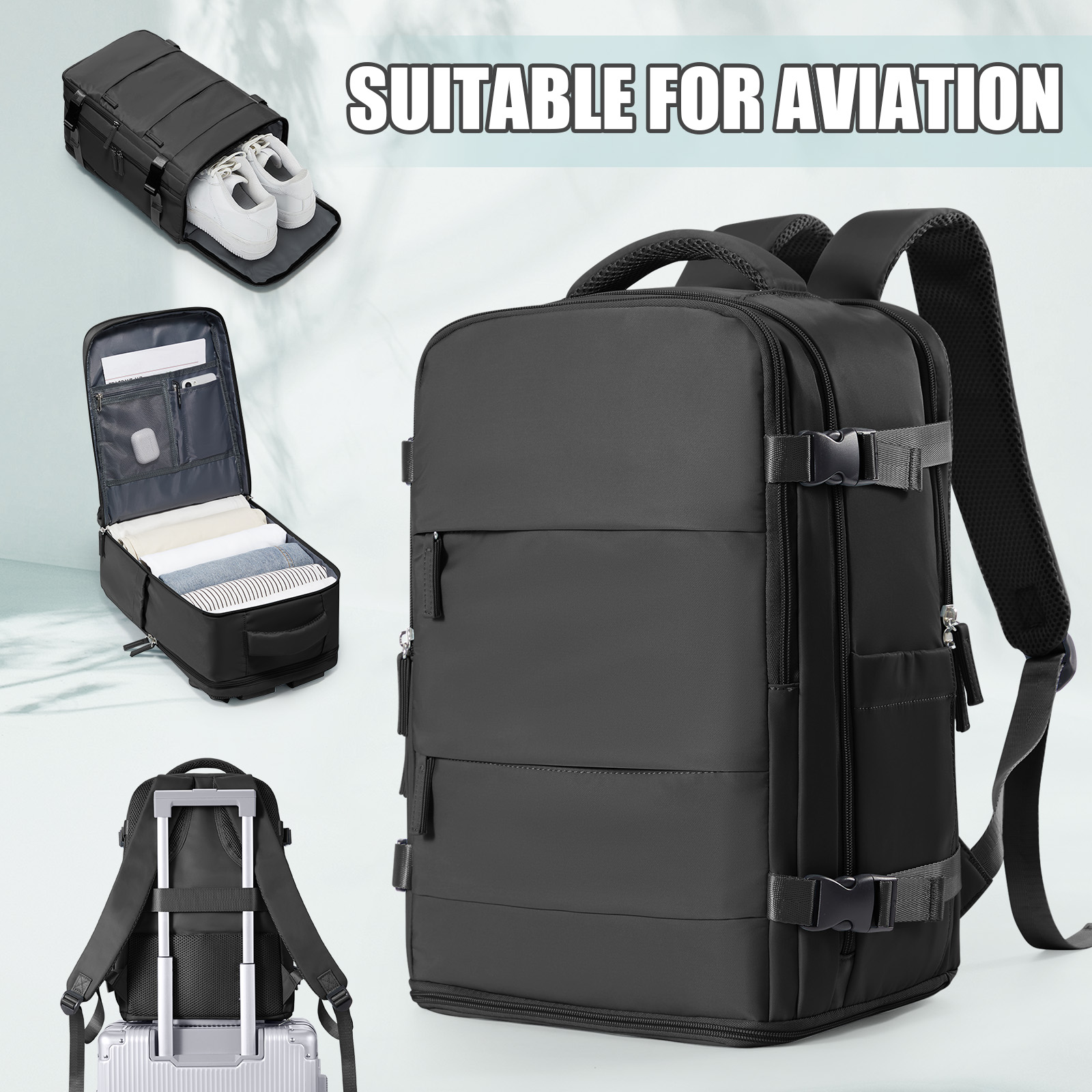 Mochila de viagem para mulheres e homens, mochila Ryanair 40x20x25 bagagem de avião de cabine EasyJet 45x36x20 mochila bolsa para laptop de negócios: 12 polegadas / Preto