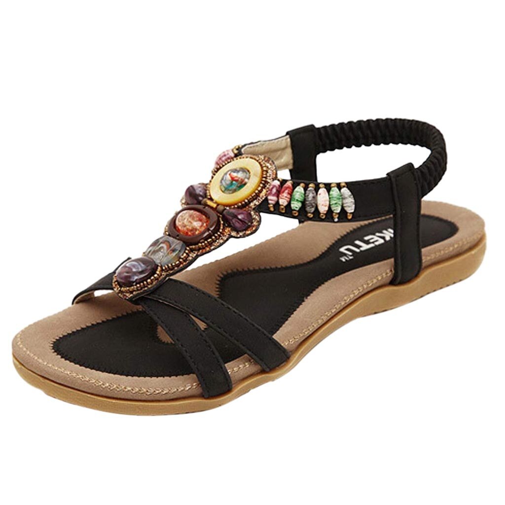 Vrouw Flats Sandalen Bohemian Flats Sandalen Vrouwelijke Kristal Strass Muilezels Slides Meisjes Sandalias Rasteirinha Wiggen Sandaal: BK / 37