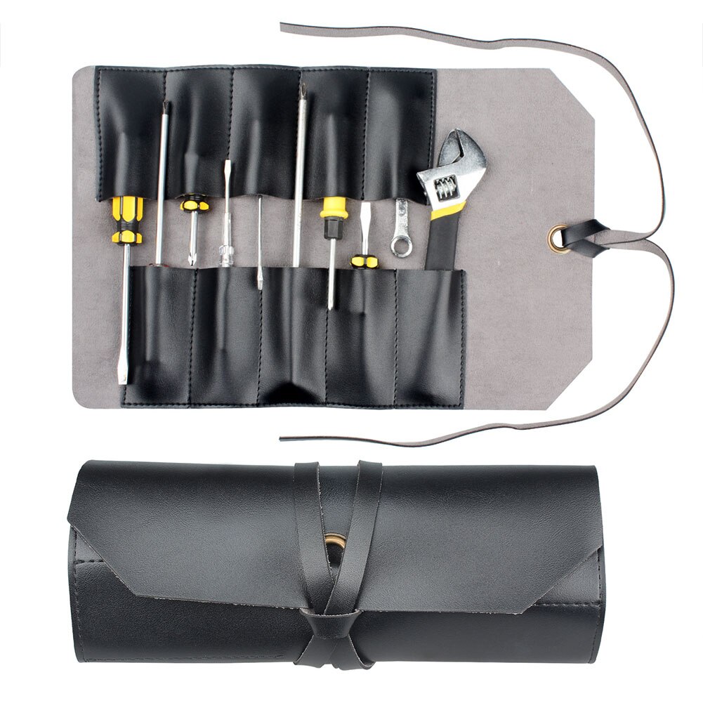 Tool Roll Leather Bag Pouch 10 Pockets Multi Purpose Organizer Wrap For Woodworking Plier Spanner Wrench Leather Tool Pouch: Black