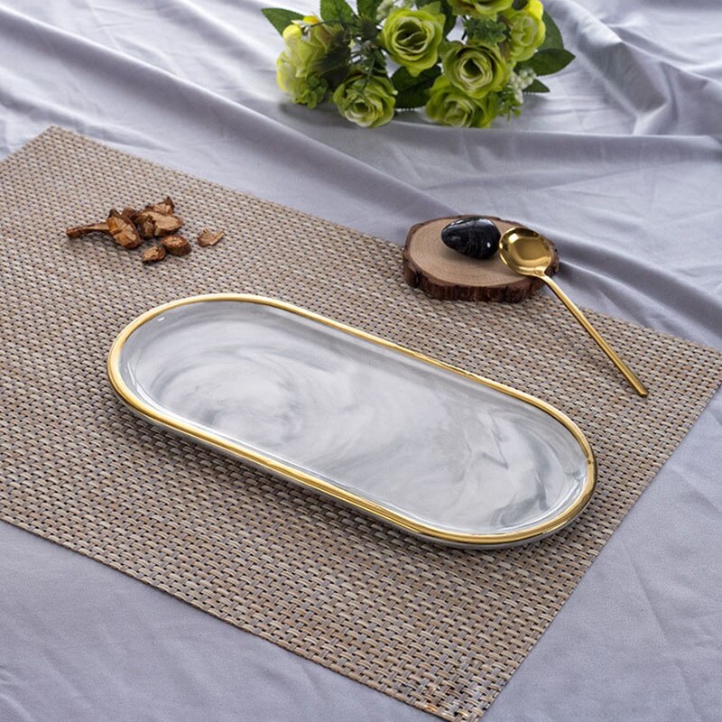 Nordic Stijl Vergulde Ovale Plaat Creatieve Keramische Plaat Gemarmerd Westerse Schotel Snack Plaat Taart Opslag Lade Sieraden Lade decor