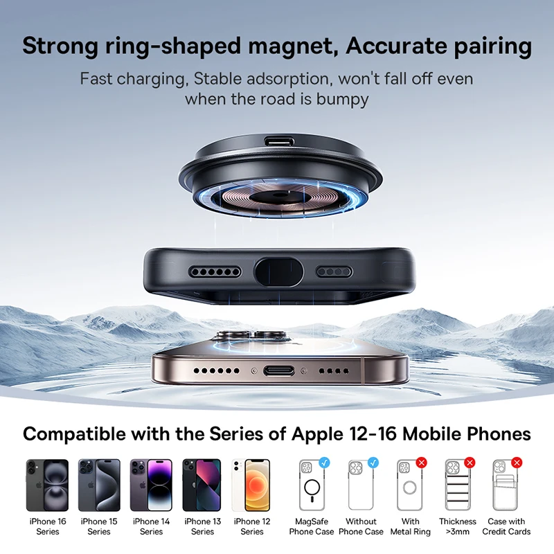 Baseus Uchwyt samochodowy na telefon do iPhone'a 12-16 Bezprzewodowa ładowarka 15W QI2 Magnetyczna konsola środkowa na deskę rozdzielczą Uchwyt samochodowy na telefon