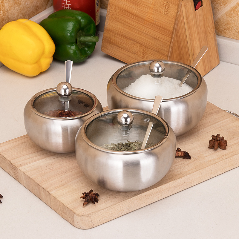 MOM'S HAND Kitchen Seasoning Box Stainless Steel Large Sugar Bowl With Glass Clear Lid and Spoon