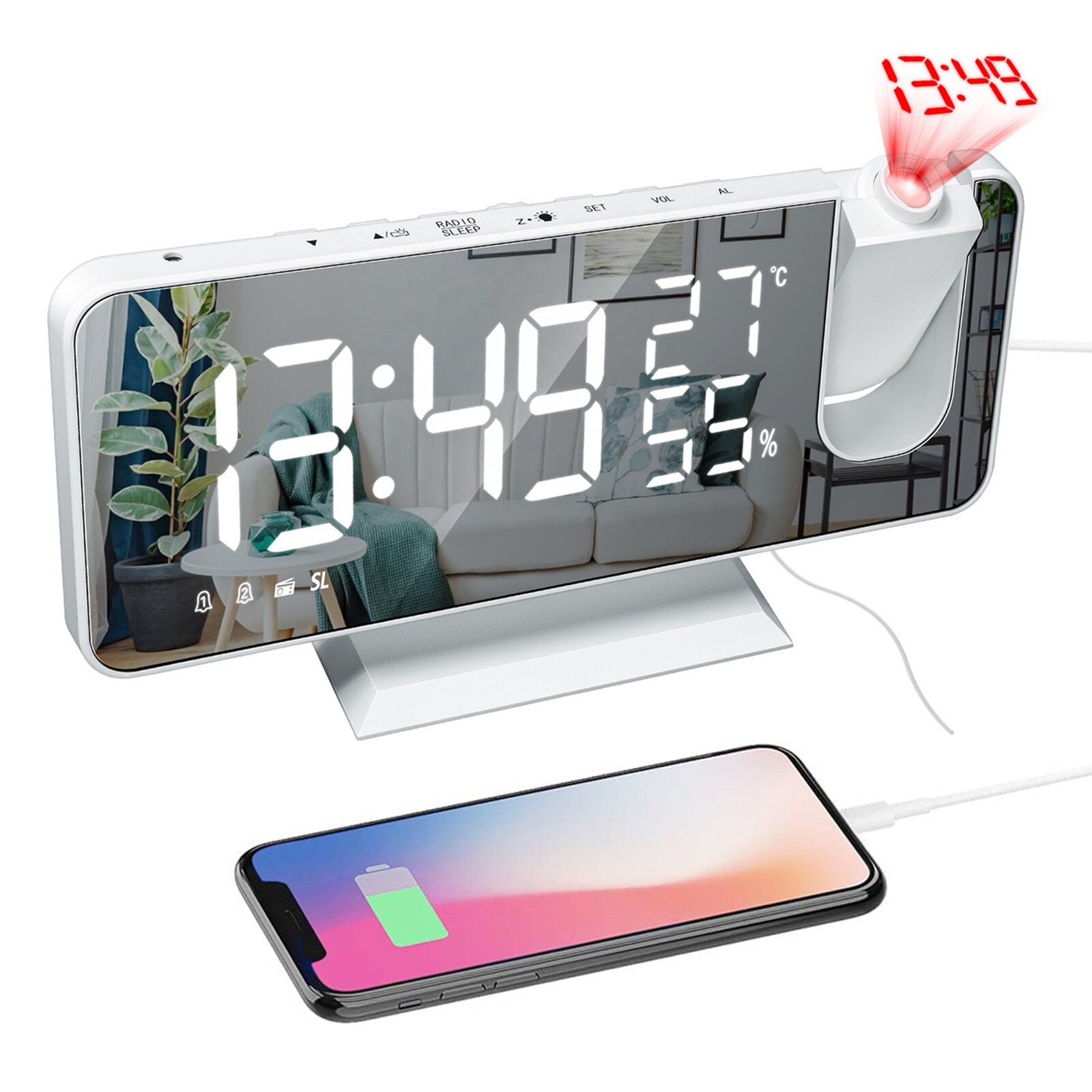 Desktop Alarm Clock Wake Up Electronic USB Time Projector Humidity Display LED Digital Smart Home
