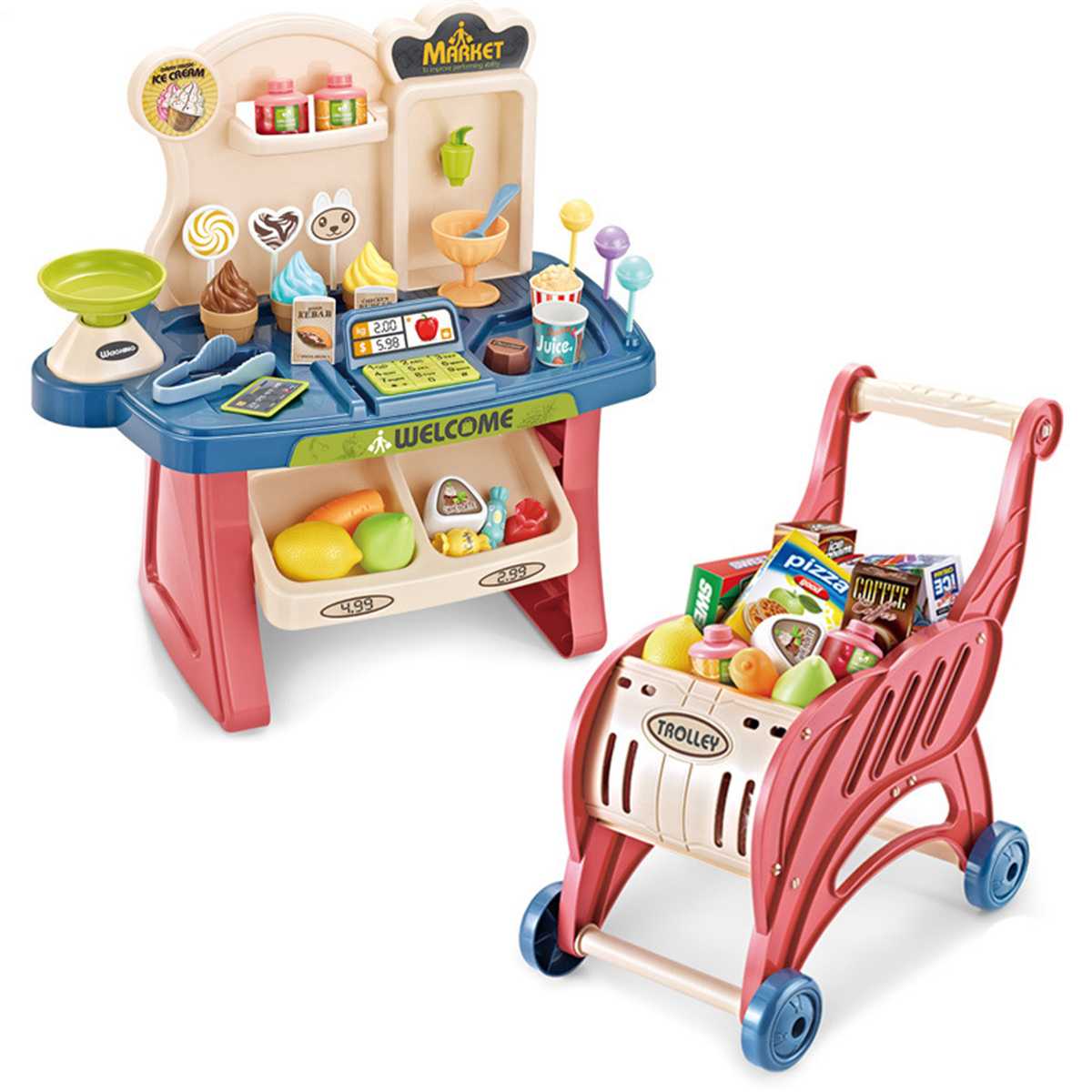 Simulazione per bambini carrello carrello giocattolo taglio frutta e verdura supermercato shopping impostato da gioco in plastica: genere 1