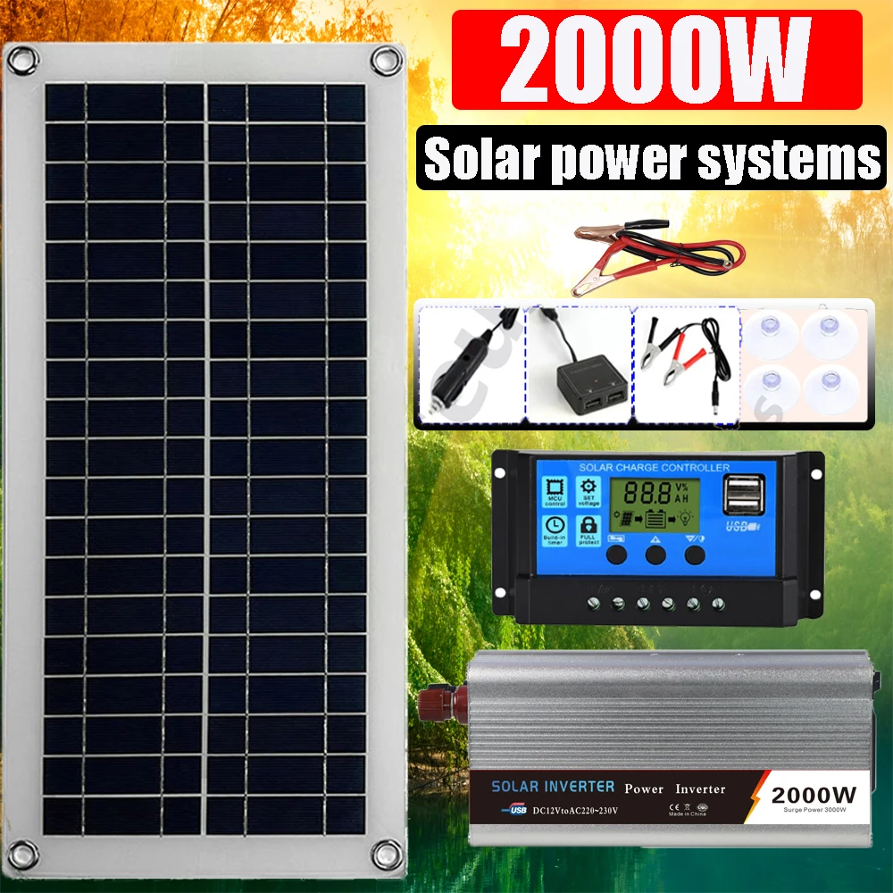 2000W Zonne-energiesysteem Zonnepaneel Kit 12V Zonnebatterij 10A-60A Controller Zonnepaneel Thuis Mobiele RV Auto caravan Thuis Campin