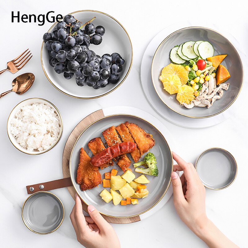 Light Luxury Ceramic Plate Smoke Gray Golden Rim Dinner Plates Dessert Dish Soup Bowl Dinning Room Western Tableware Set