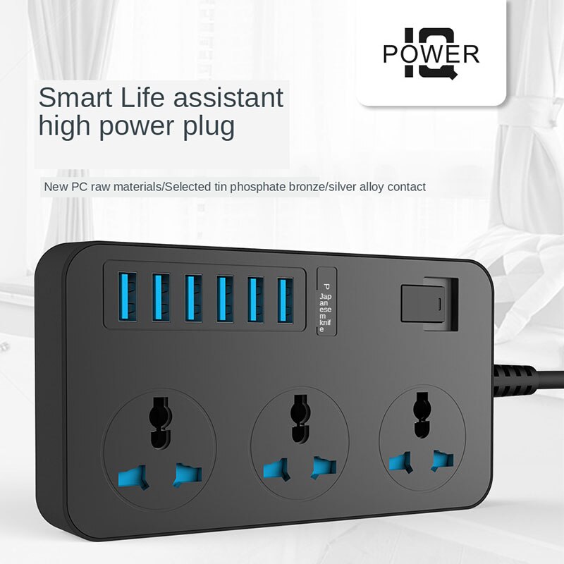 Power Strip with USB Ports Surge Protector with 3 AC Outlets and 6 USB Charging Ports 3000W/16A 2m Power Cord Length