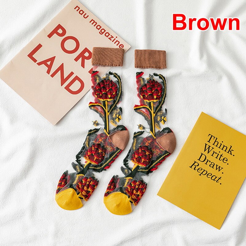 Creatieve Harajuku Product Kristal Zijde Tij Sokken Grappige Zonnebloemen Wijnstokken Bloemen Gelukkige Vrouwen Sokken Casual Sox: M208252M