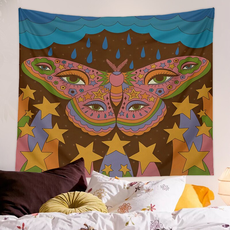 Tapiz psicodélico Retro de los años 80, colgante de pared con de mariposa psicodélica, flor, ojo, estrella, cielo, cubierta Vintage de los 90, decoración artística para habitación