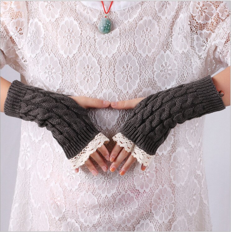 Manchons en laine pour femmes, protège-poignets allongés en dentelle, couleur unie, tricot , gants chauffe-bras, demi-doigt, hiver