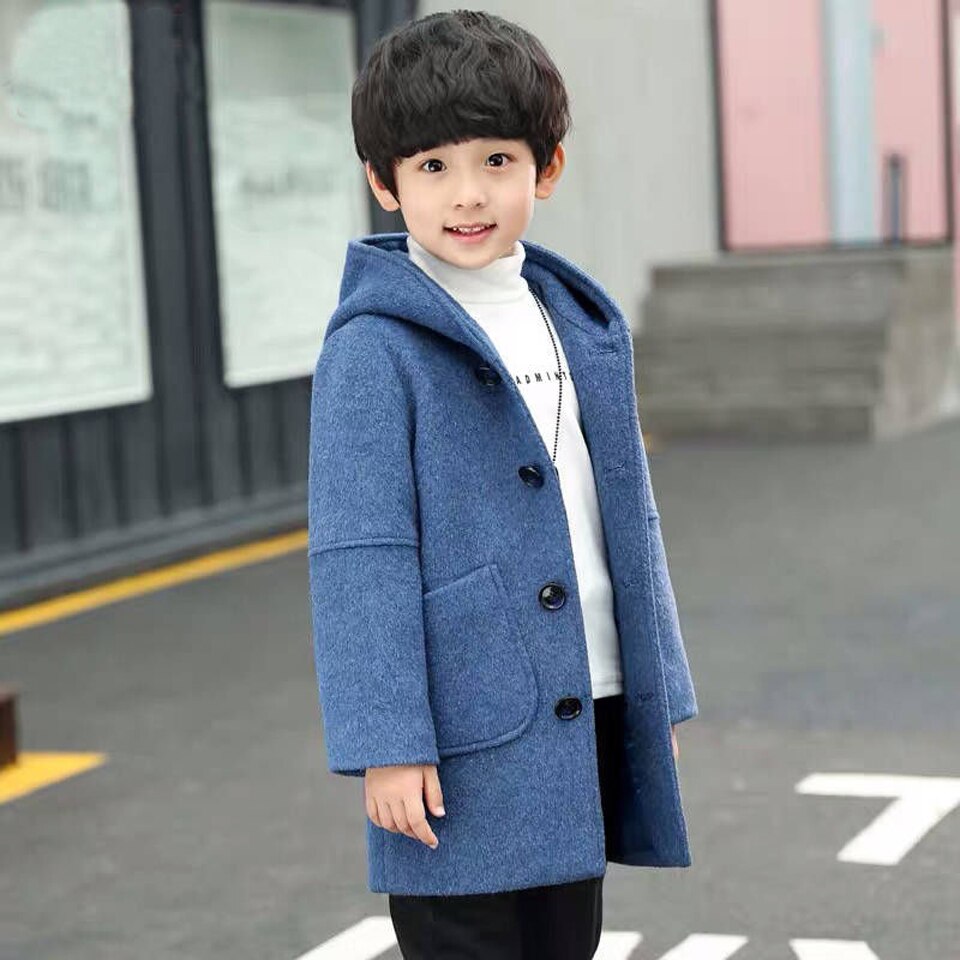 Casaco de lã infantil com capuz, casaco longo de lã da moda para garotos, para outono e inverno: Azul / 5