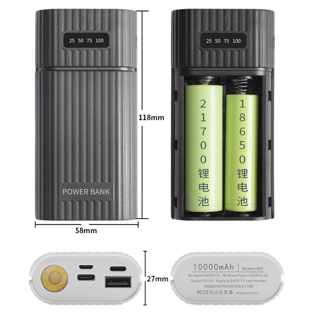 18650/18700/20700/21700 Battery Charger Adapter DIY Power Bank for iPhone PD Charging Power Bank Case Box with LED Flashlight