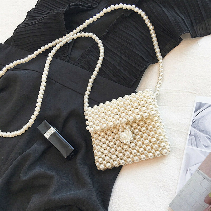 Stock Local femmes Tissé À La Main Sac De Perles Blanc Femmes Perlée Rouge À Lèvres Poche Sac INS: Marron
