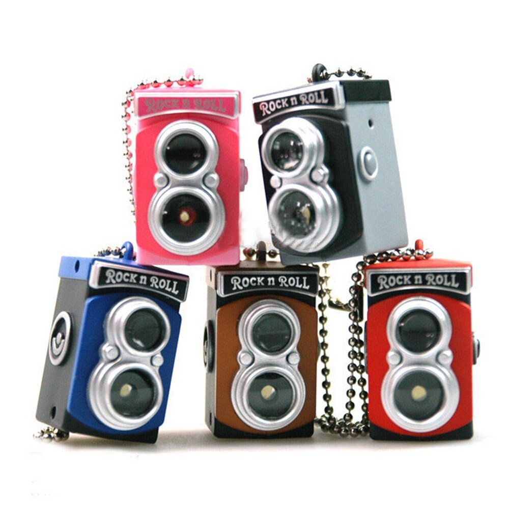 Söt mini dubbel lins reflex tlr kamera stil led blixt ljus ficklampa slutare ljud nyckelring