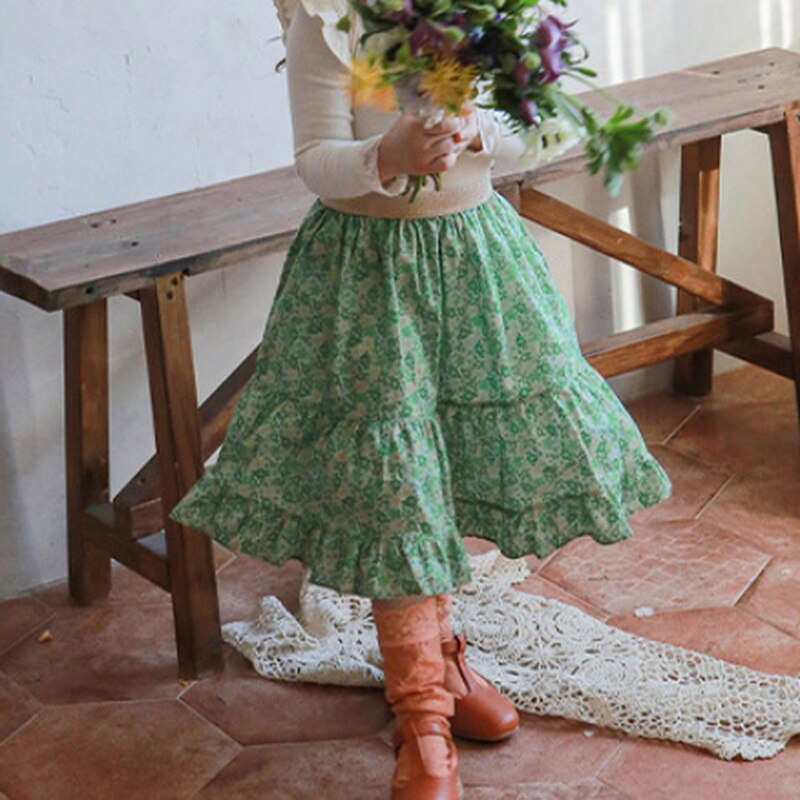 Falda de estilo coreano para adolescentes, ropa de princesa de línea A, Rosa, Verde, Floral, para niños de 0 a 8 años, 2022, E803