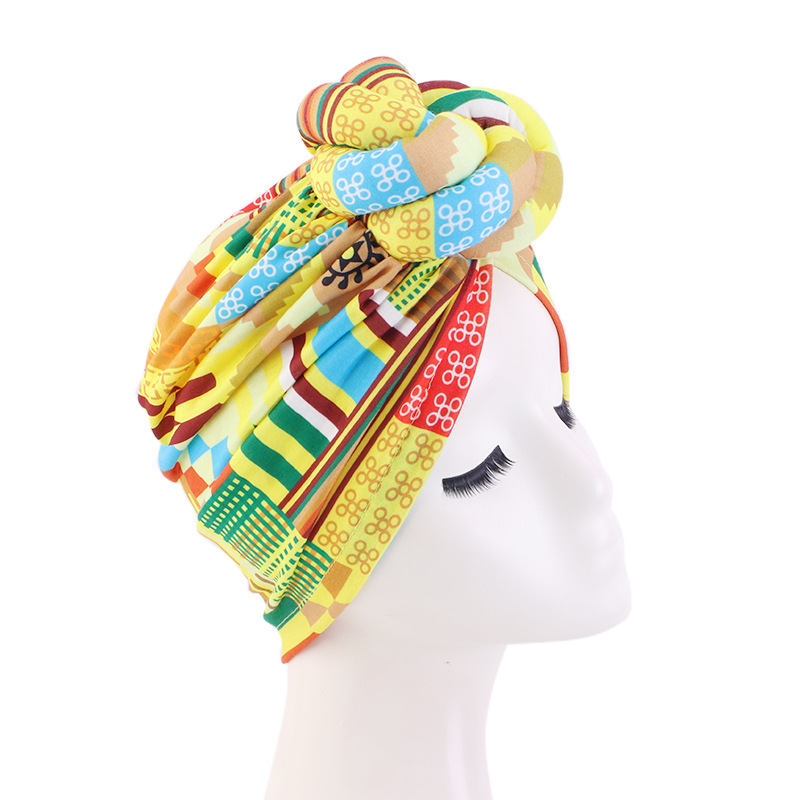 African Print Turban for Women Pre-Made Top Knot Head Wraps Flower Stretch Hijab Ladies Party Wedding Headdress: Bright Yellow