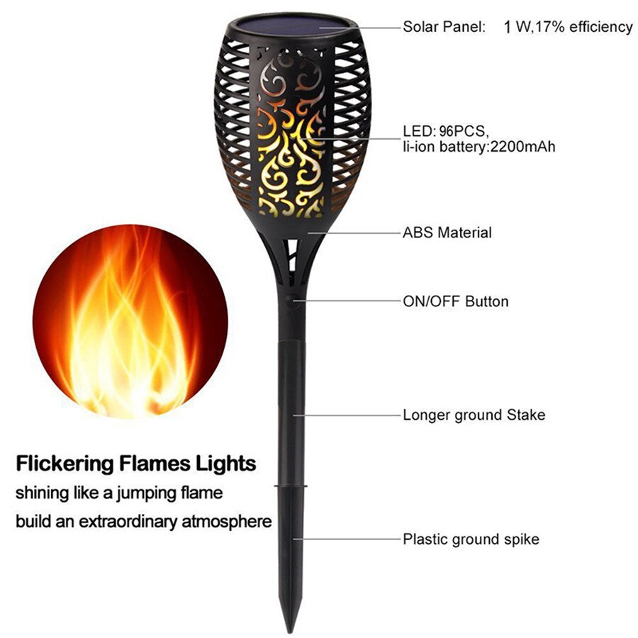 Solar powered flame flickering fakkel lys utendørs vanntett dans flame solar lights hage gjerde sti tiki fakler lampe