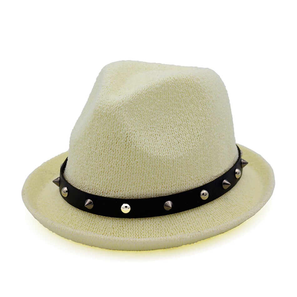 Buttermere fedora hoed dames klinknagel effen beige trilby hoed jazz hoed casual lus garen zomer herfst vrouwelijke punk rock pet: Wit