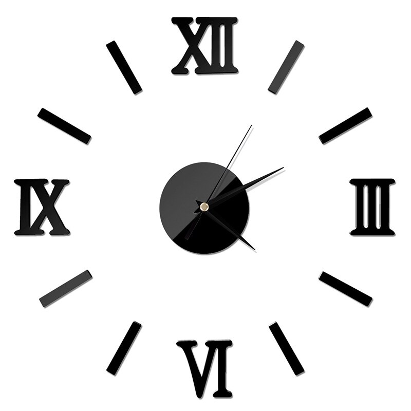 Large DIY Wall Clock Acrylic Mirror Stickers Roman Number Clocks for Living Room Home Office Decor SMD66: Black