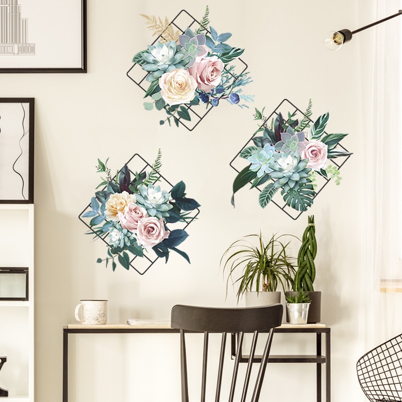 Grid Peony Flower Wall Sticker Living Room Entrance Bedroom Background Home Decoration Mural Wallpaper Plant Art Decals
