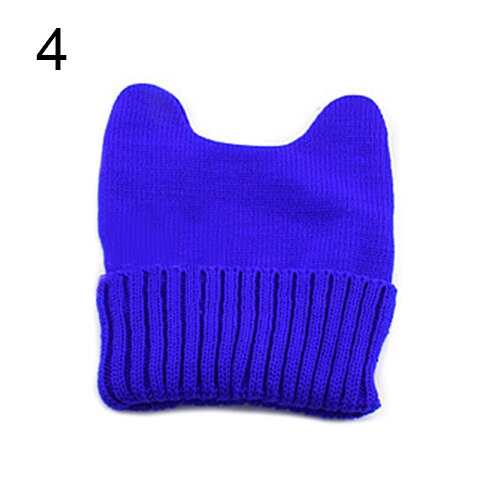 Vrouwen Girl Warm Winter Cat Ear Shape Gebreide Zachte Leuke Hoed Elastische Beanie Cap: Sapphire Blue