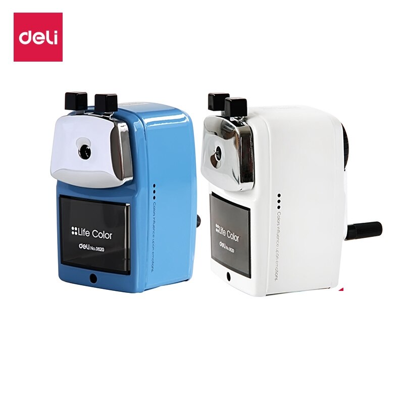 Deli 0620 Sacapuntas de lápiz con manivela manual Sacapuntas de estudiante lápiz infantil afilador de 2 colores giratorios tipo lápiz con accesorio para mesa