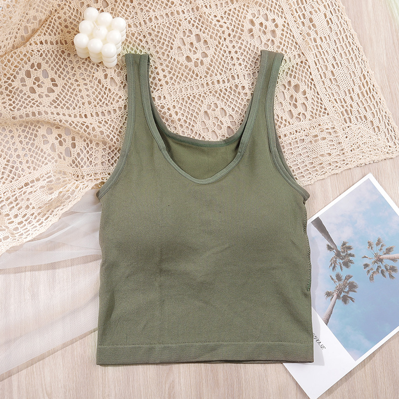 Kvinder crop top pige solid enkel camisole v-hals stribet tube top bred skulderrem polstret undertøj kvinde: Grøn top