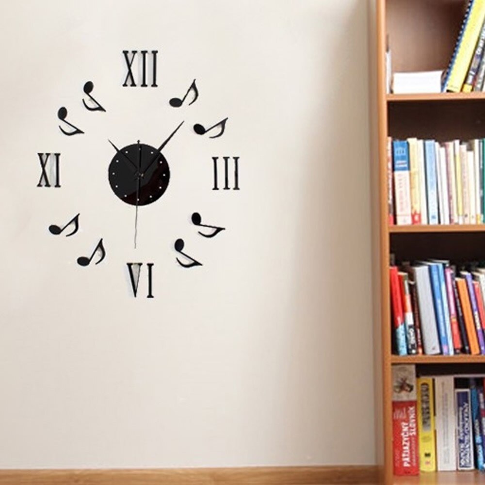 Modern Black DIY Music Notes Mirror Style Wall Clock Sticker Mirror Surface Wall Stickers Home Office Decor