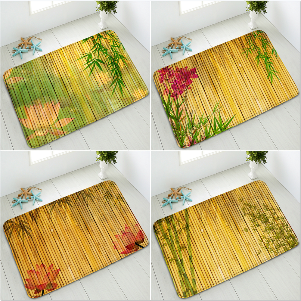 Groene Bamboe Bloem Antislip Badmat Deurmat Douche Floor Mat Keuken Tapijt Strand Kleed Flanel Print Voor Slaapkamer badkamer Decor