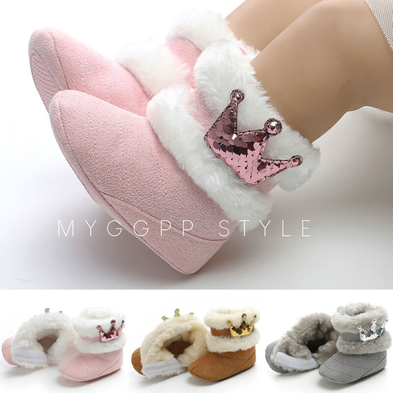 Winter Girls Baby Soft Sole Snow Boots Warm Crib Shoes Toddler Boots Prewalk Princess Crown Plush Baby Shoes 0-18M