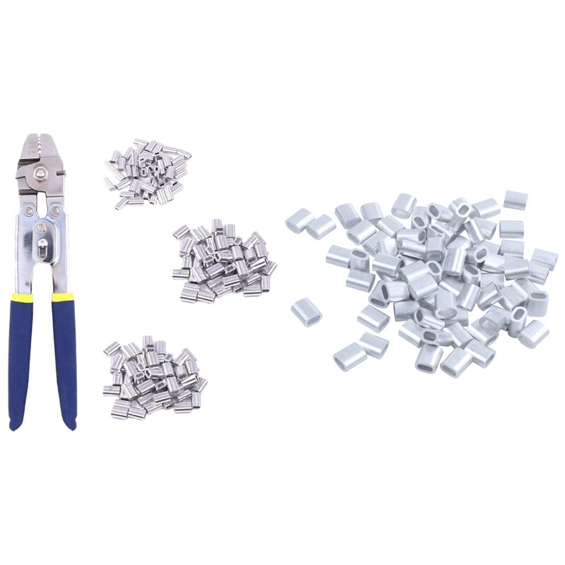 80 Pcs 2mm Aluminum Double Hole Wire Rope Clamp Clip & 1 Set Stainless Steel Fishing Pliers Wire Rope Crimping Tool
