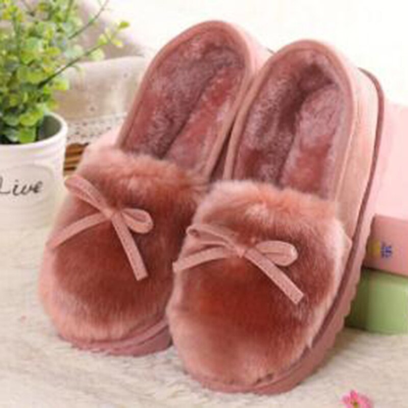 Vinter platå skor kvinnor utomhus hem tofflor kvinnlig vinter päls rutschbanor hus sandaler fuzzy tofflor dam söta rosett loafers