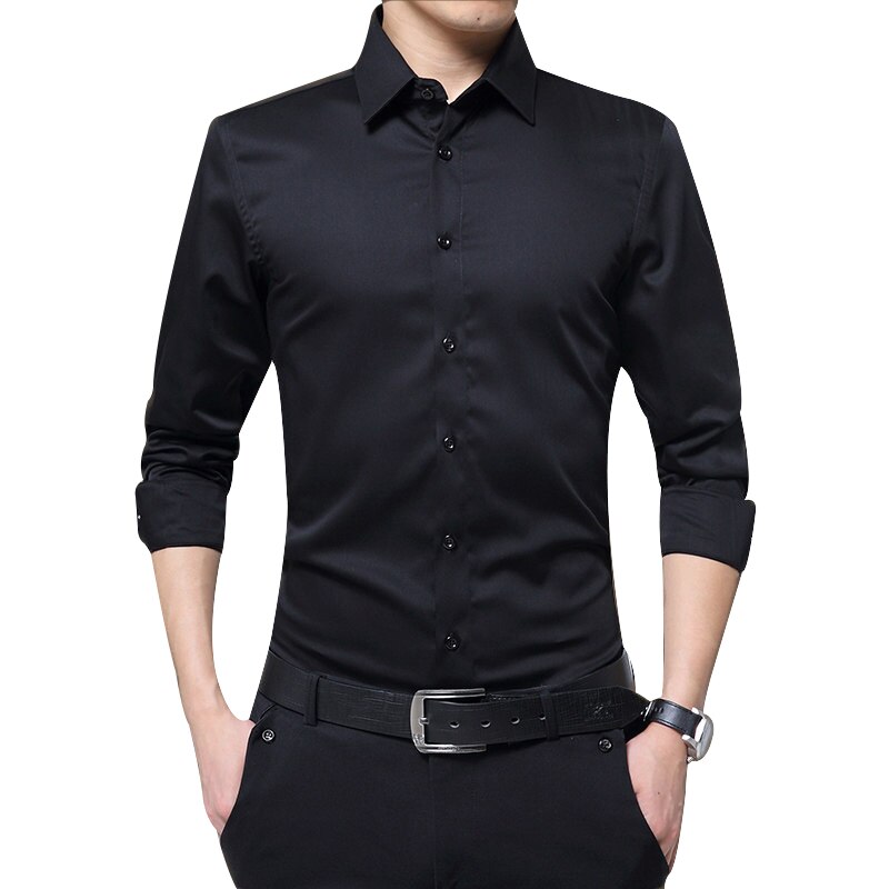 Men Long Sleeve Shirts Slim Fit Solid Business Formal Shirts for Autumn MCK99: XL / Black