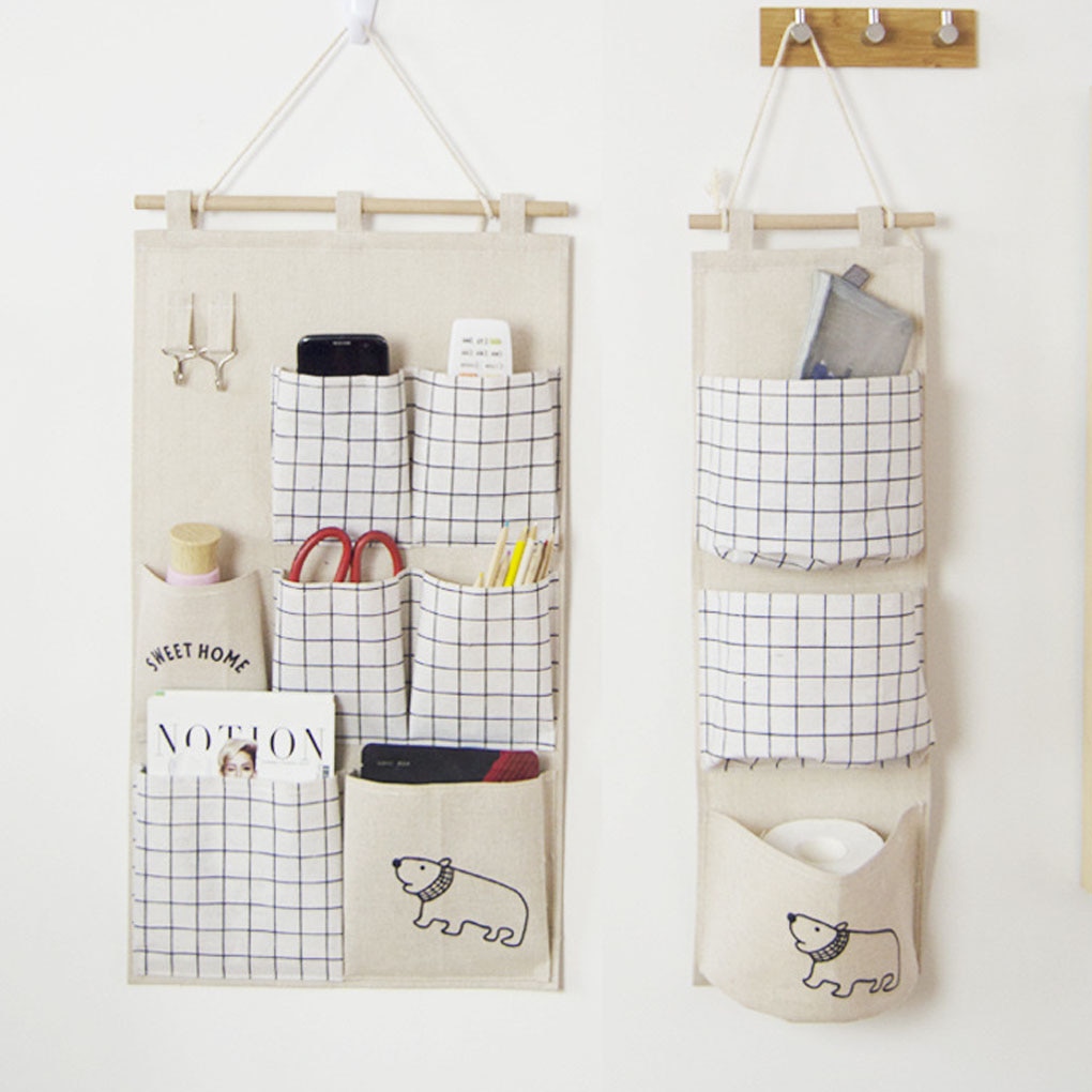 7 Pockets Hanging Bag Cotton Linen Wall Door Closet Hanging Storage Organizer for Room Bathroom