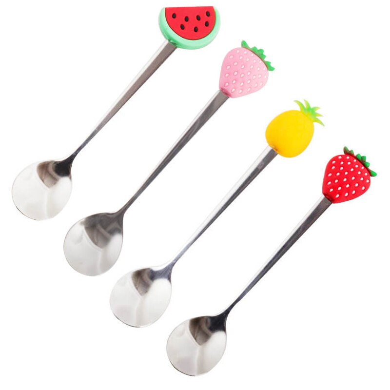 Stainless Steel Fruit Fork Dessert Coffee Spoon Color Fruit Pattern Mixing Scoop Tableware Cutlery Dinnerware Set Kitchen Tool