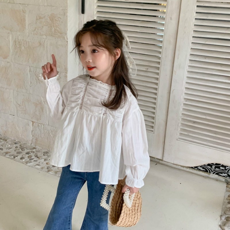 Autumn Girls Long Sleeve White Blouses Kids Cotton Blosues