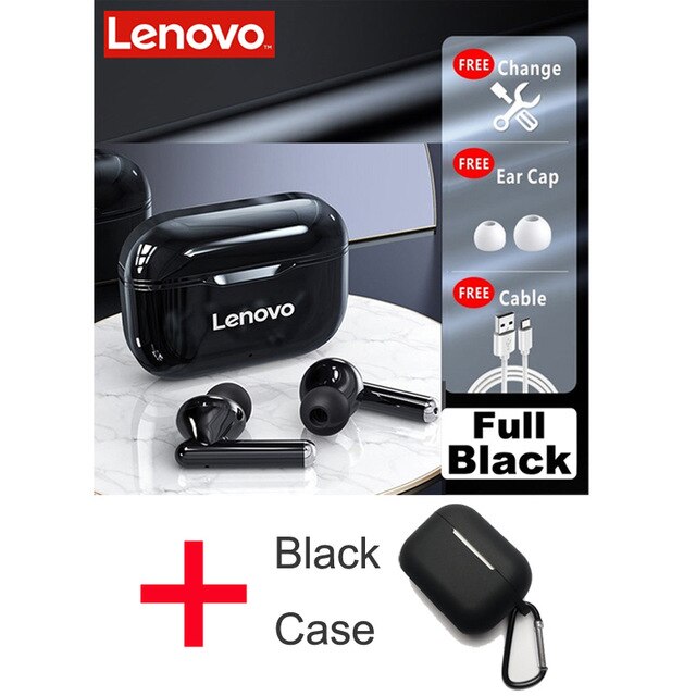 Lenovo-auriculares inalámbricos LP1 con TWS, cascos deportivos impermeables con Bluetooth 5,0, micrófono con cancelación de ruido, estéreo Dual, HIFI, bajos táctiles: all black with case