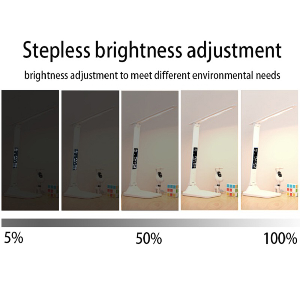 Lampada da tavolo pieghevole Lettura USB Touch Dimmerabile Protezione per gli occhi con sveglia Termometro Lampada da scrivania a LED Carica USB Luce notturna