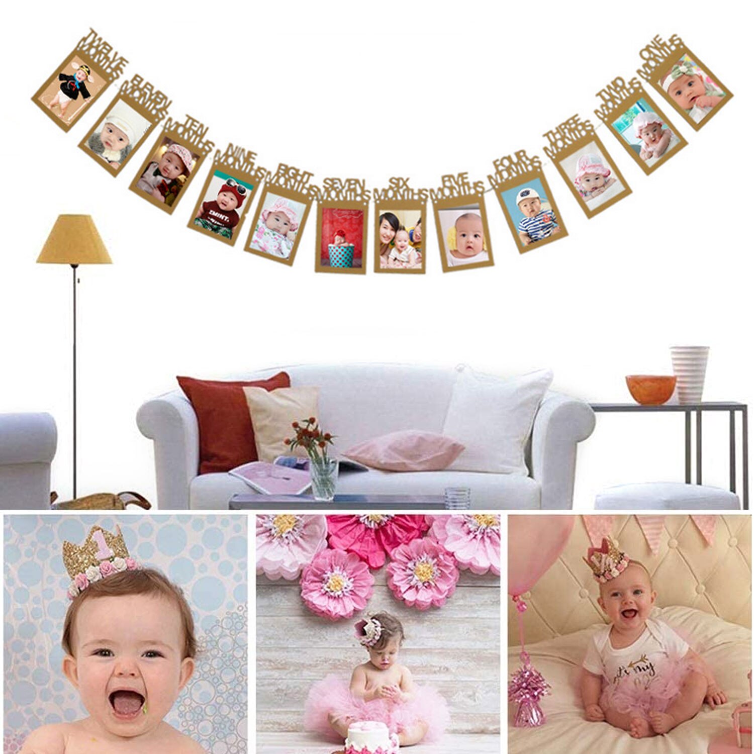 First Birthday Decoration 1 to 12 Months Monthly Paper Photo Photograph Bunting Garland Banner for 1 Year Old Celebration