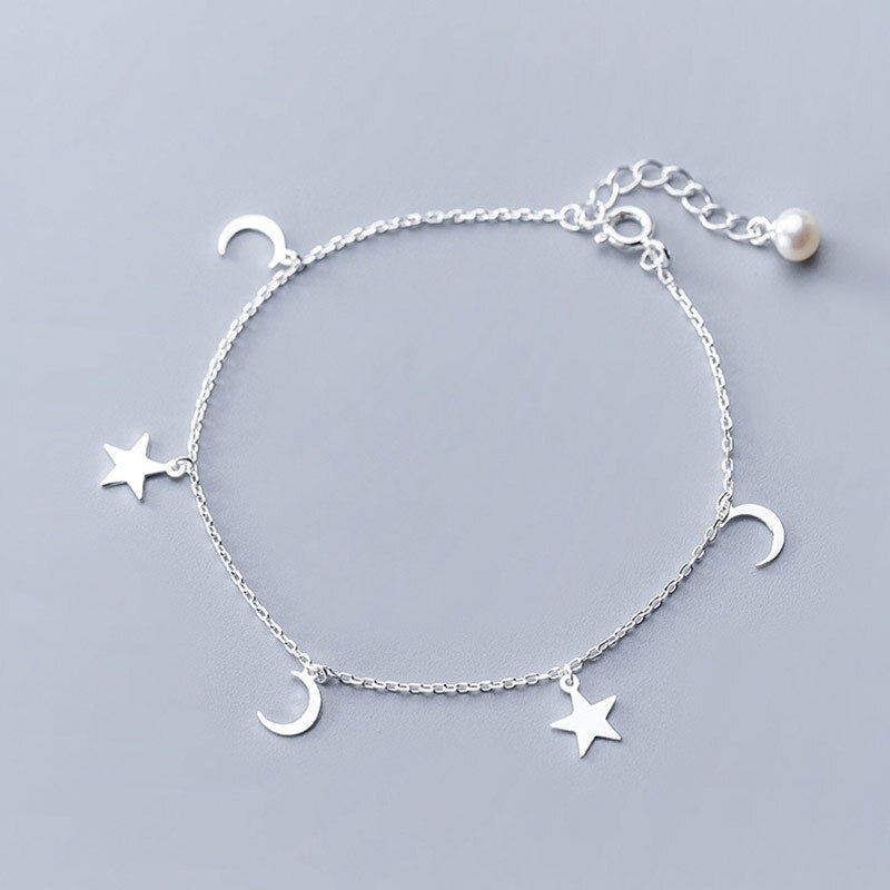 Bracelets de cheville en argent Sterling 925 avec perles pour femmes, chaîne à maillons, lune, étoile, bijoux de pied, accessoires féminins: Silver Anklets