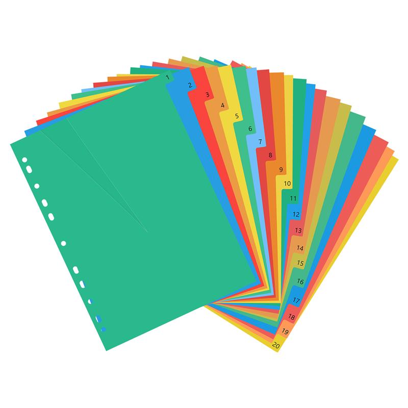 20 Pages A4 Colorful Index Page Classified Lables Plastic Tab Dividers Card paper to prevent bending(Color Printed Number)