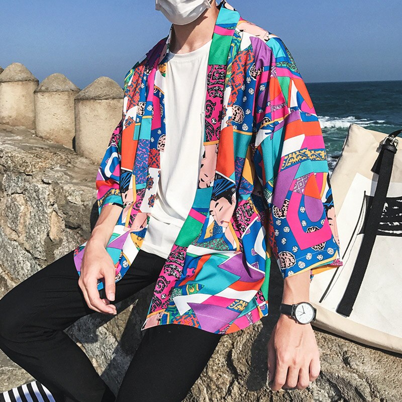 Japanese Ukiyoe Kimono Jackets Mens Harajuku Streetwear Jacket Coat Spring Summer Hip Hop Thin Gown Japan Style Hipster Yukata